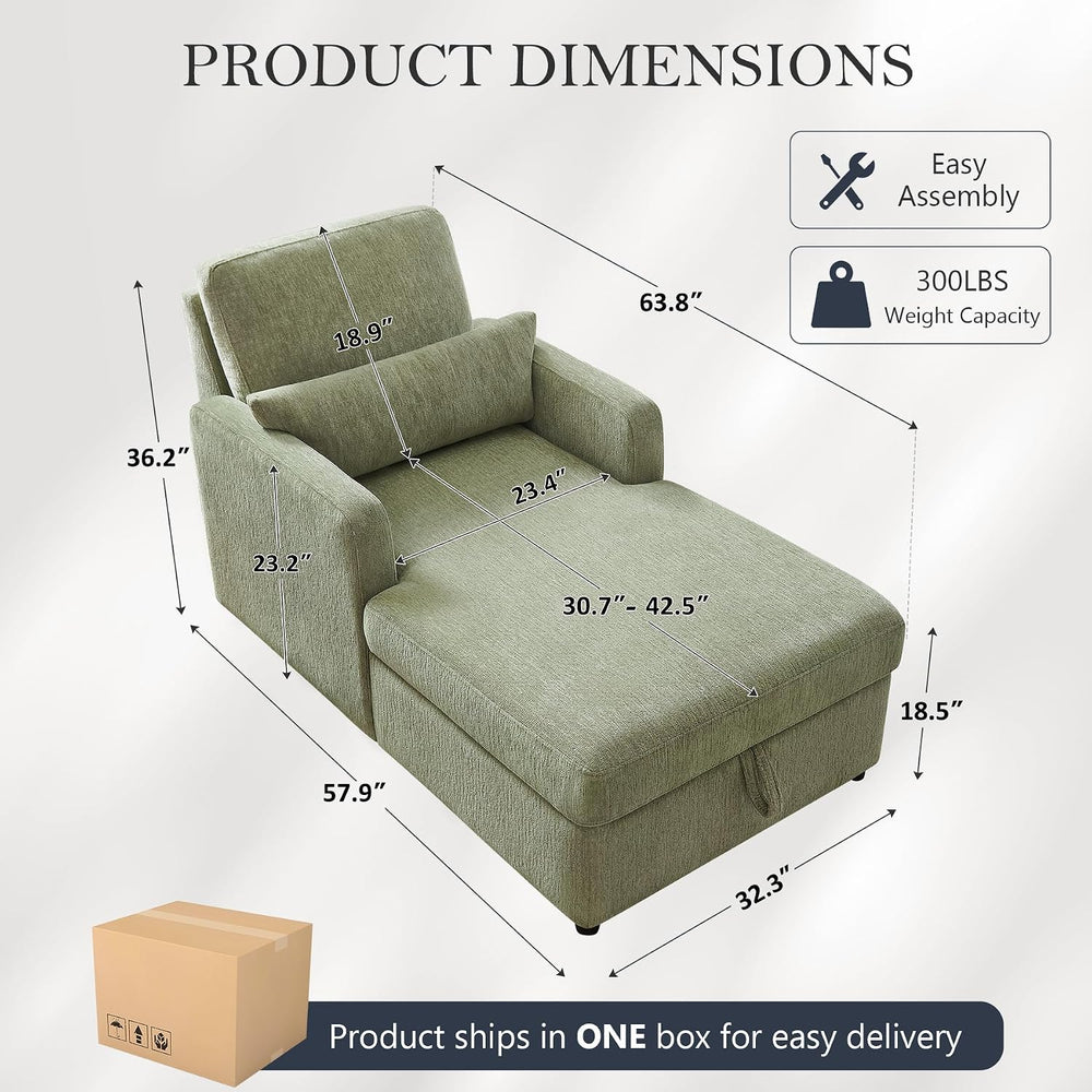 63.8" Large Chaise Lounge Chair with Storage, Chenille Sage Green