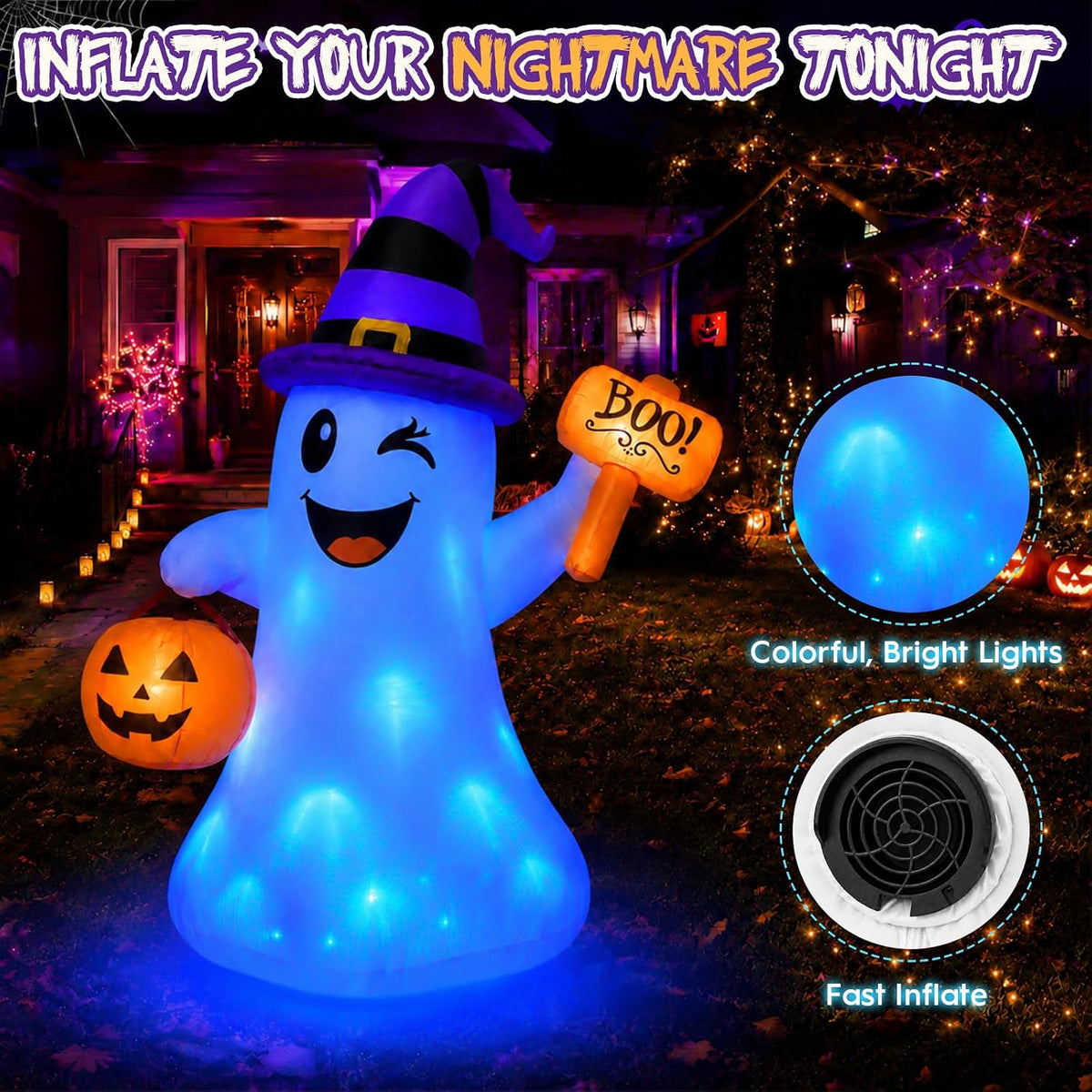 4.5 FT Halloween Inflatables Ghost with Pumpkin Boo, Halloween Decorations Outdoor with Build-in LED Lights Blow Up Cute Wizard Ghost Inflatables for Garden Lawn Yard Party Decor