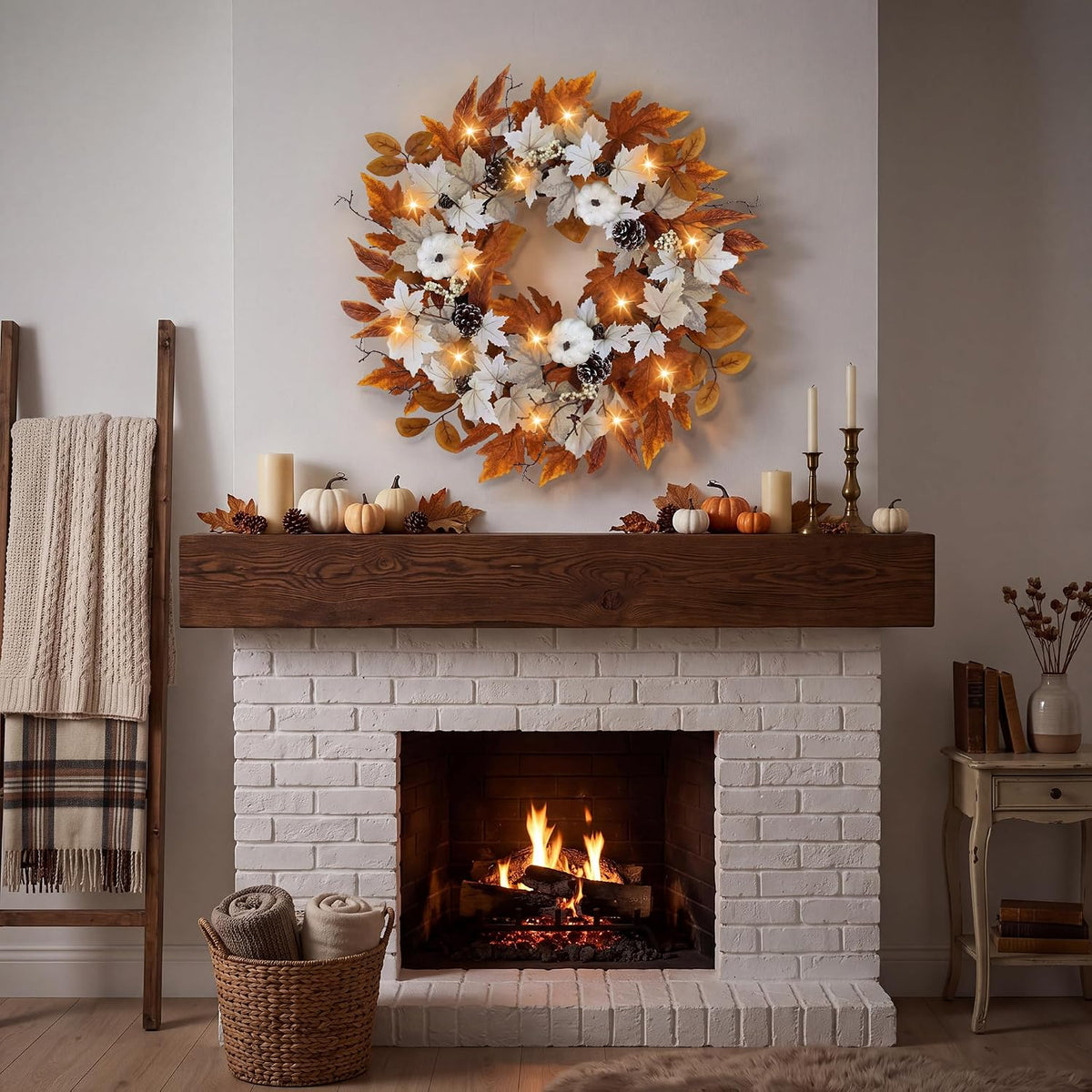 Fall Wreaths for Front Door Outside Autumn Wreath with Lights Berries Pine Cones Fall Decorations for Home Decor Pumpkin Wreath for Farmhouse Holiday Thanksgiving Harvest Halloween Outdoor