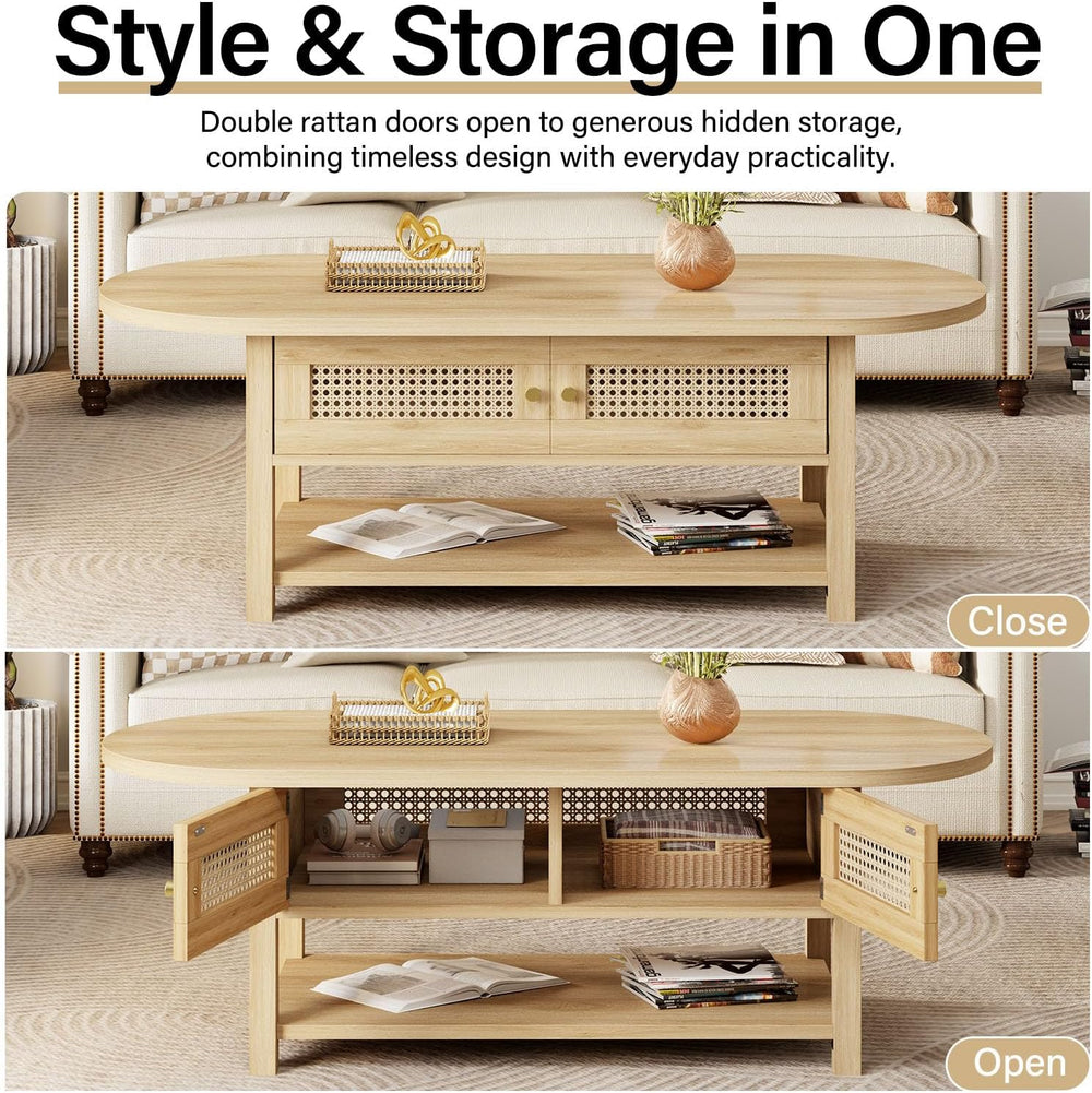 LVB Oval Rattan Coffee Table, 47" Boho Wood Living Room Table with Storage