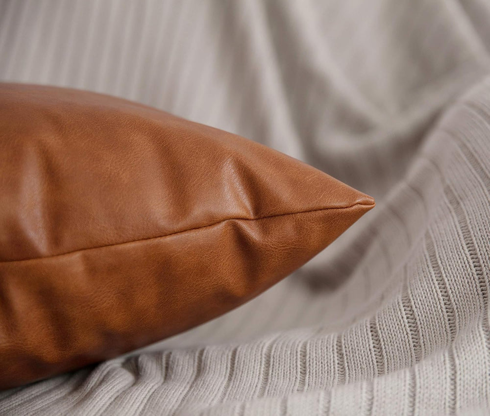 Faux Leather Throw Pillow Covers 20x20 inch Set of 2 Thick Cognac Brown Large...