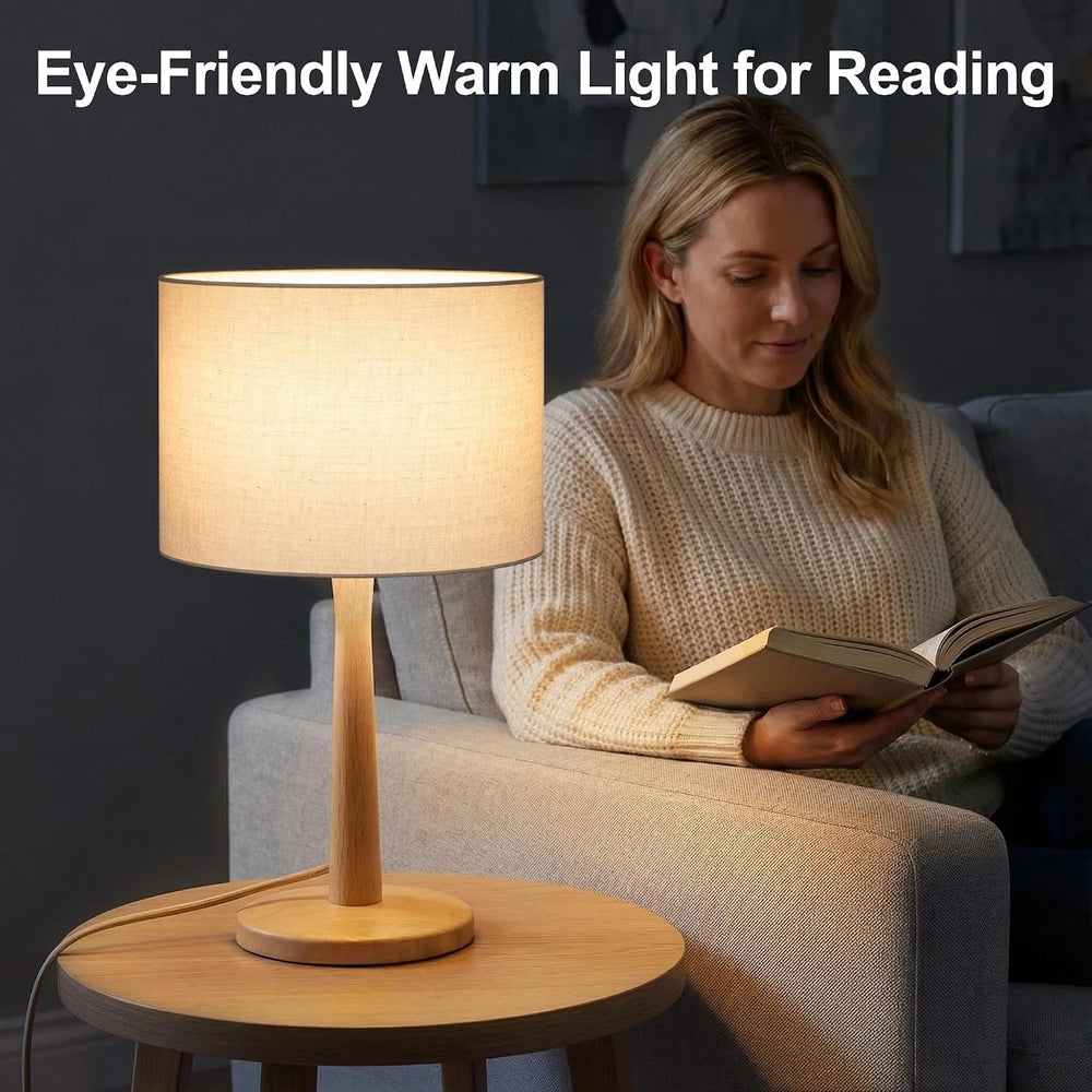 16.3” Natural Wood Table Lamp with Linen Drum Shade, E26 Base, Beige