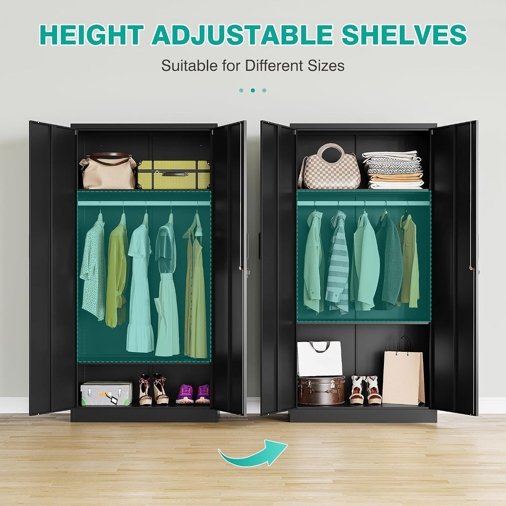 Metal Wardrobe Cabinet with Hanging Rod & Lock,Black Armoire Wardrobe Closet,Metal Clothing Storage Cabinet with Adjustable Shelves and Doors,72" Amroire Storage Cabinets for Home,Living/Laundry Room