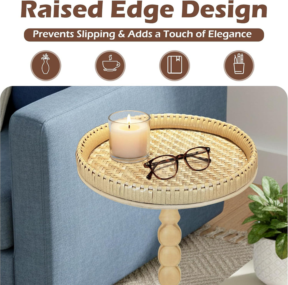 Drink Table, Rattan Round Small Side Table with Soild Leg for Small Spaces