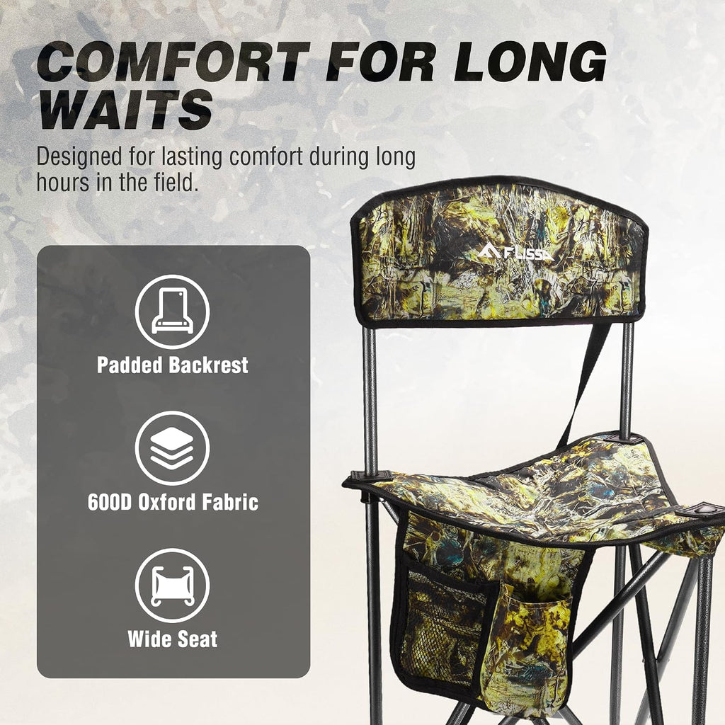 FLISSA Hunting Chair with Backrest, Folding Tripod Hunting Chair, Camo