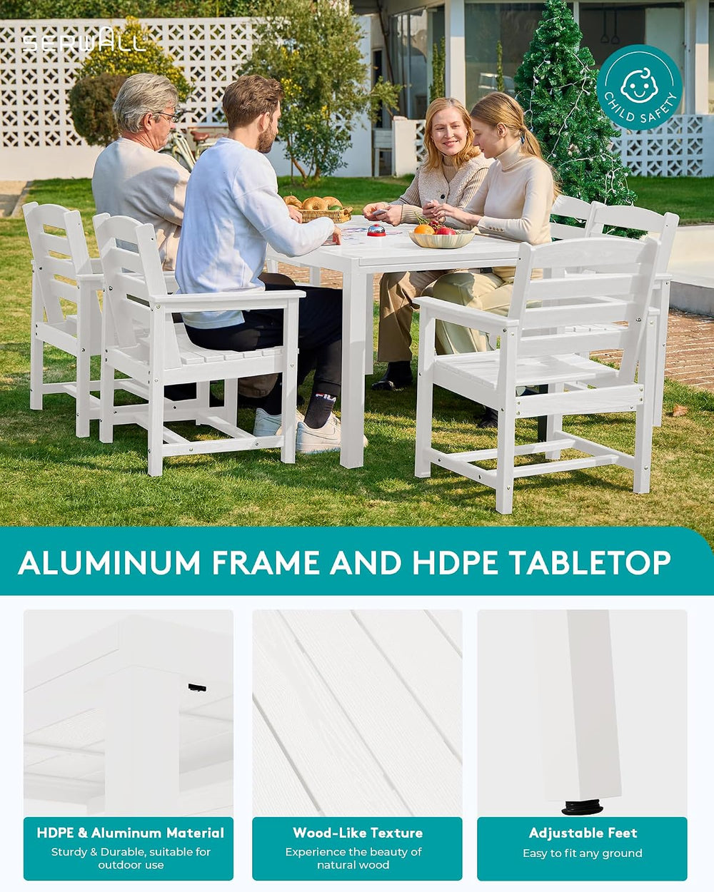SERWALL 60" - 83" Expandable Outdoor Dining Table and 6 HDPE Chairs...