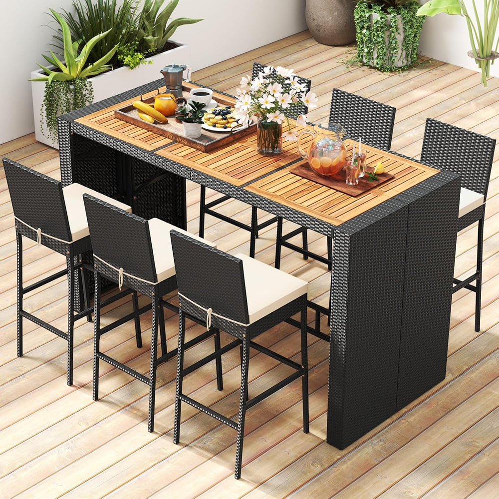 Tangkula 7 Piece Patio Wicker Bar Set, Patiojoy Outdoor Acacia Wood Bar Heigh...
