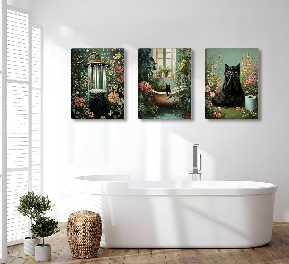 3pcs Framed Black Cat Bathroom Wall Art 12x16 inches Can Be Hung Directly