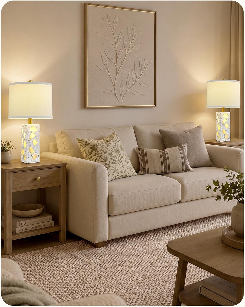 22" Table Lamps Set of 2, Translucent Stone-Inspired Lamps with Night Light