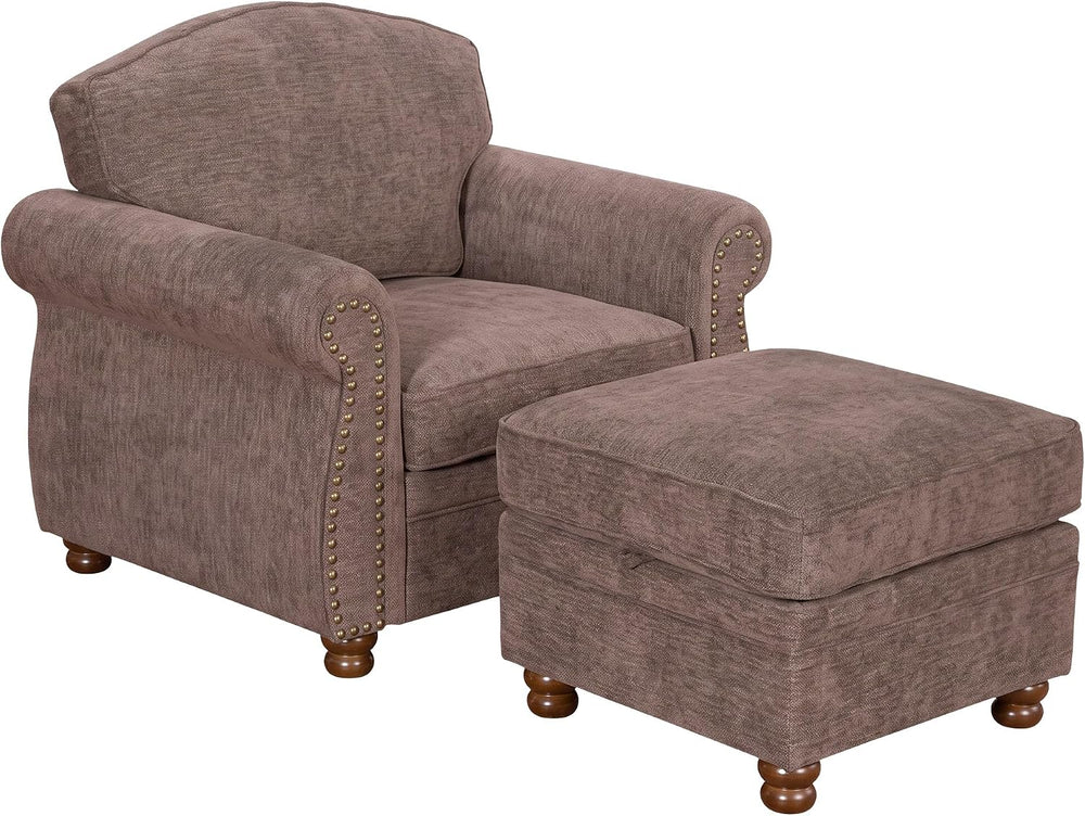Traditional Accent Chair with Storage Ottoman, 41.3", Chenille, Brown