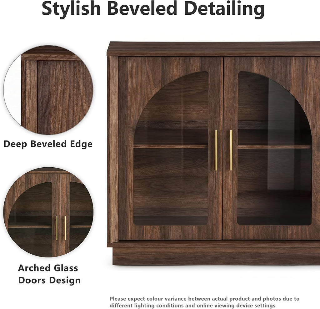 FORTUNETEC 64" Sideboard Buffet Cabinet with Arched Glass Doors,Dark Walnut