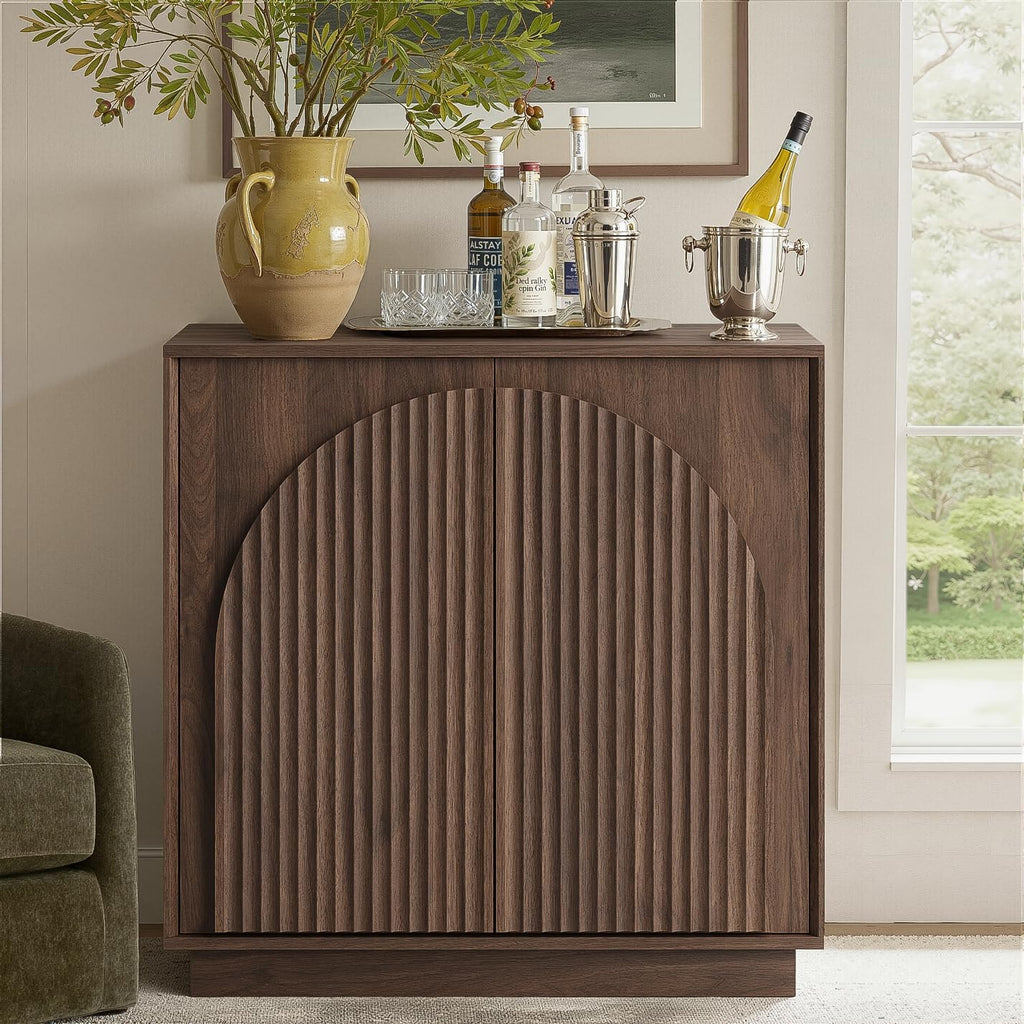 win2win 31.5" Small Buffet Cabinet with Storage, Arched Doors, Walnut, 1PCS