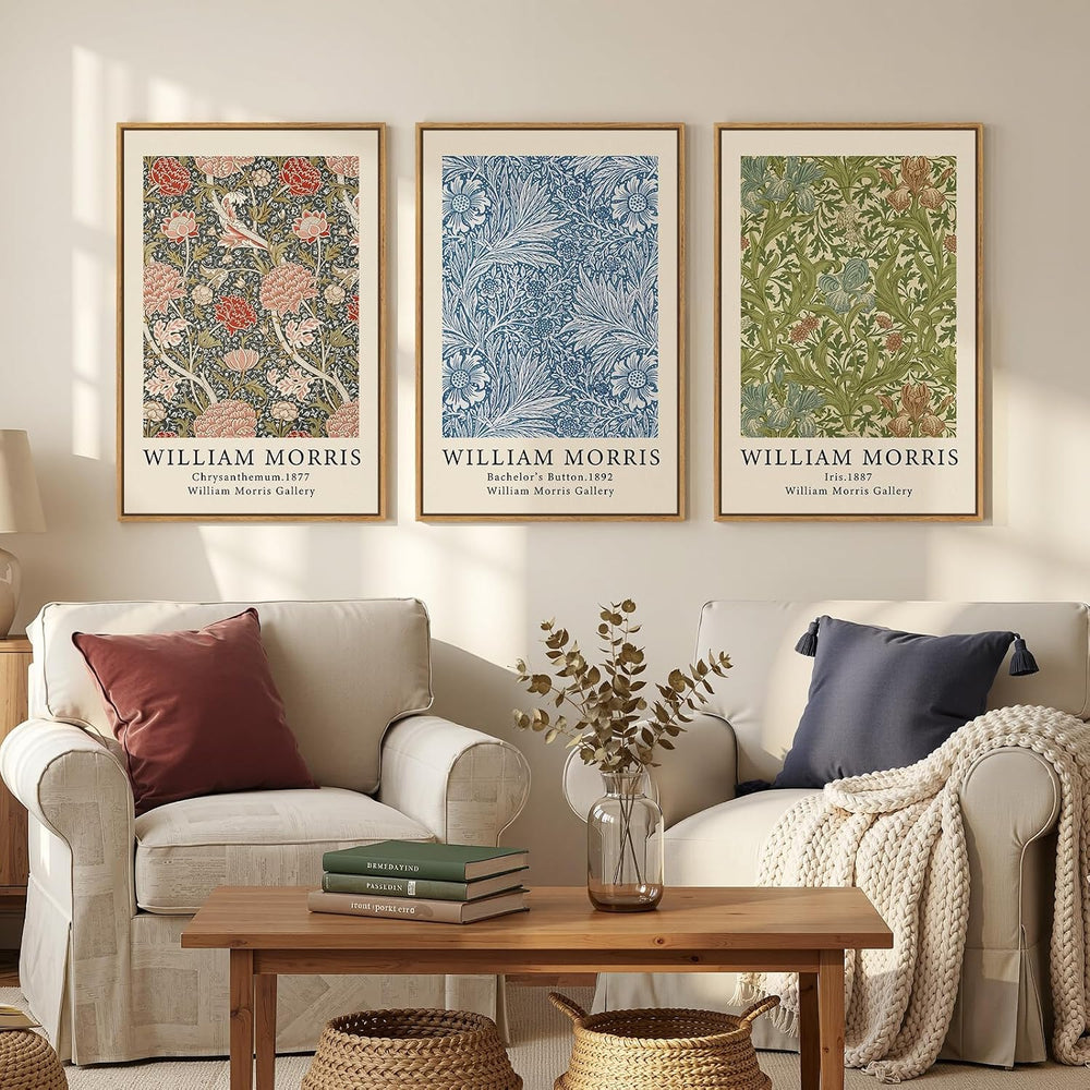 Large Framed William Morris Botanical Wall Art for Living Room, 3 Piece