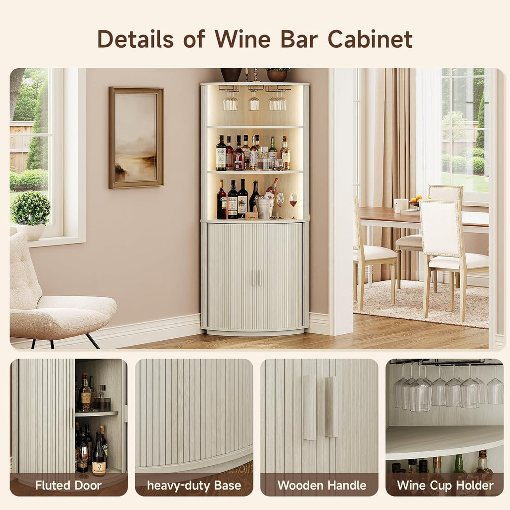 ONBRILL 72" Tall Corner Bar Cabinet with LED Light, Liquor Cabinets, White