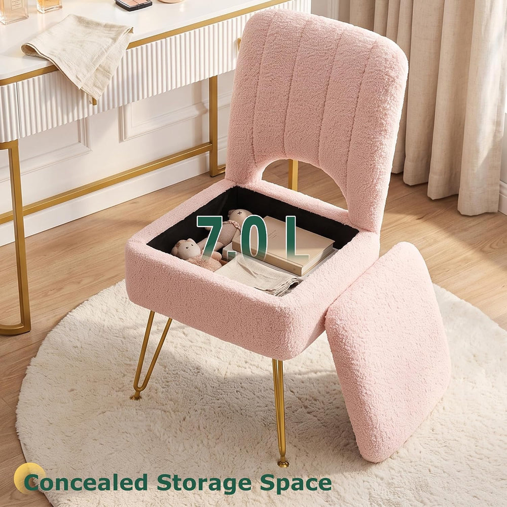 VECELO Pink Vanity Stool Chair with Storage and Folding Back, 15.75" x 1...