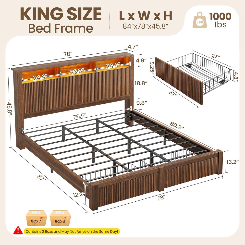 CypBed King Size Bed Frame and Headboard & 2 Storage Drawers, Walnut