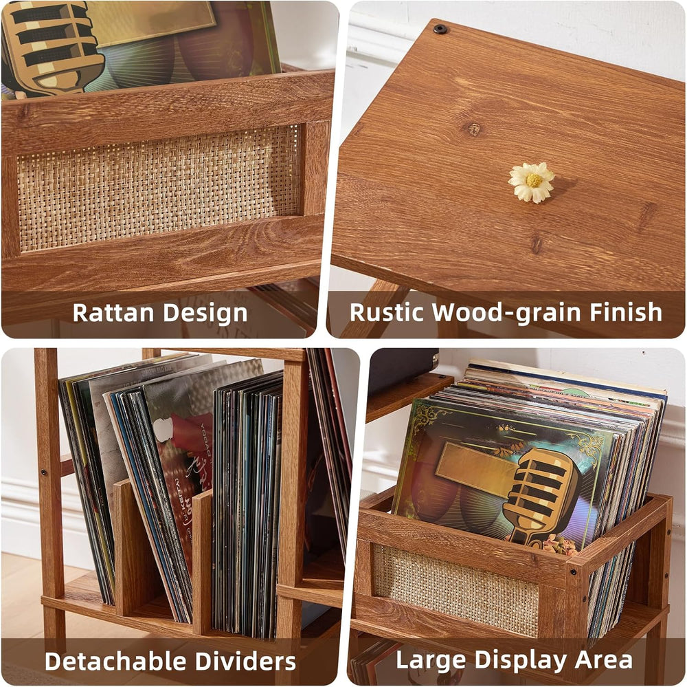 LELELINKY Record Player Stand, Brown Wood Record Holder with Vinyl Storage Ho...