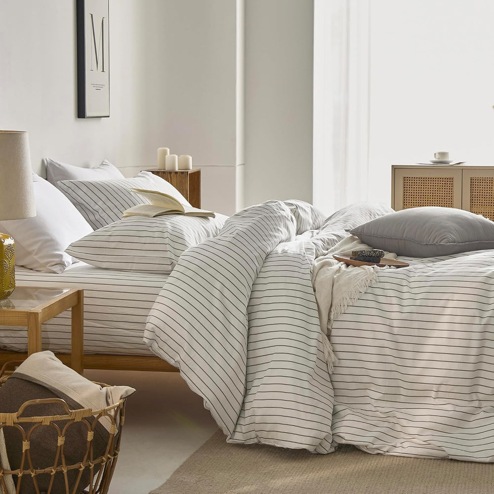 JELLYMONI 100% Cotton Vertical Stripe King Duvet Cover Set, Grey