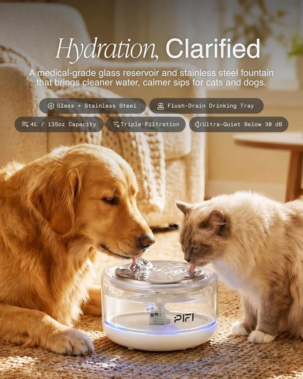 PiFi 4L Cat Water Fountain with Glass Body & Fixed BPA-Free Plastic Base