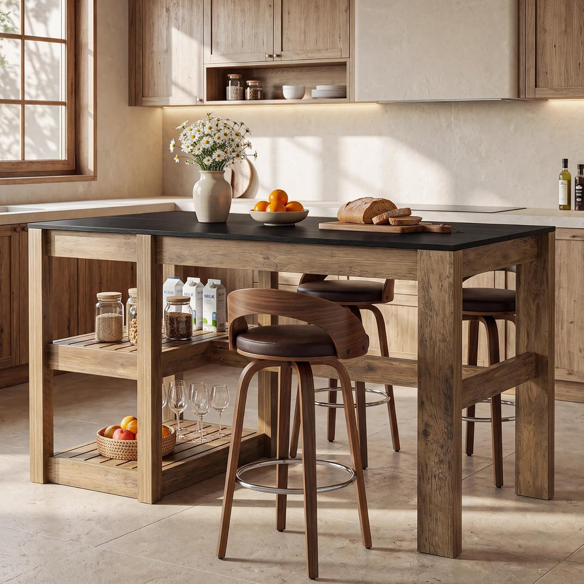 Tribesigns 55" Kitchen Island with Storage Shelves, Rustic Brown and Black | Farmhouse Wood Stationary Island Table for Dining/Living Room, Kitchen, 2-Tier, Spacious Countertop, Easy to Assemble