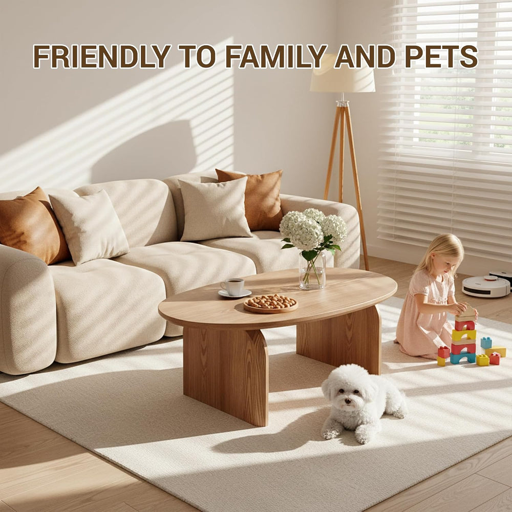 Honyee Small Oval Coffee Table, Oak Veneer Top with Solid Legs, Natural