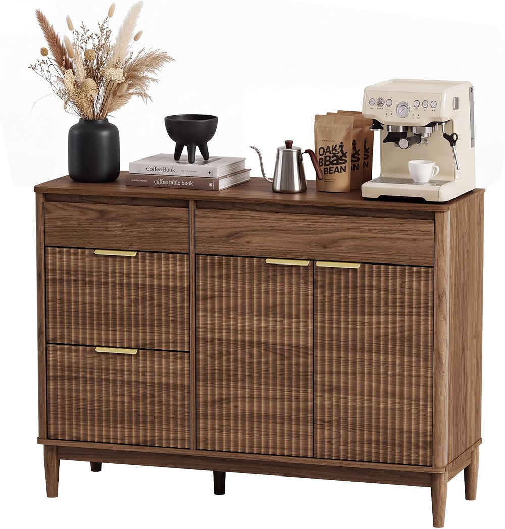 LINSY HOME 44.6" Fluted Buffet Sideboard Storage Cabinet Coffee Bar Walnut