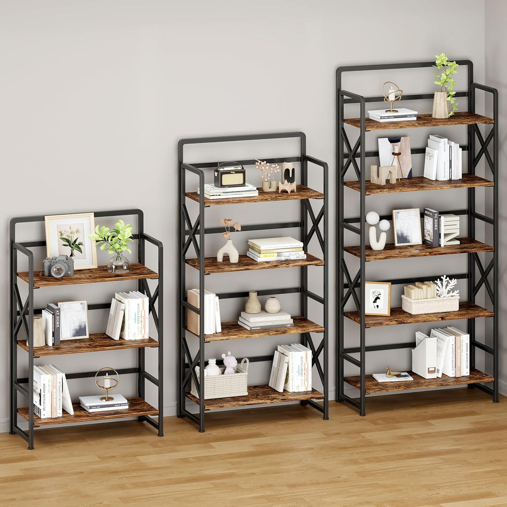 Folding Bookshelf 5 Tiers,No Assembly,55.3''H Metal Storage,Rustic Brown
