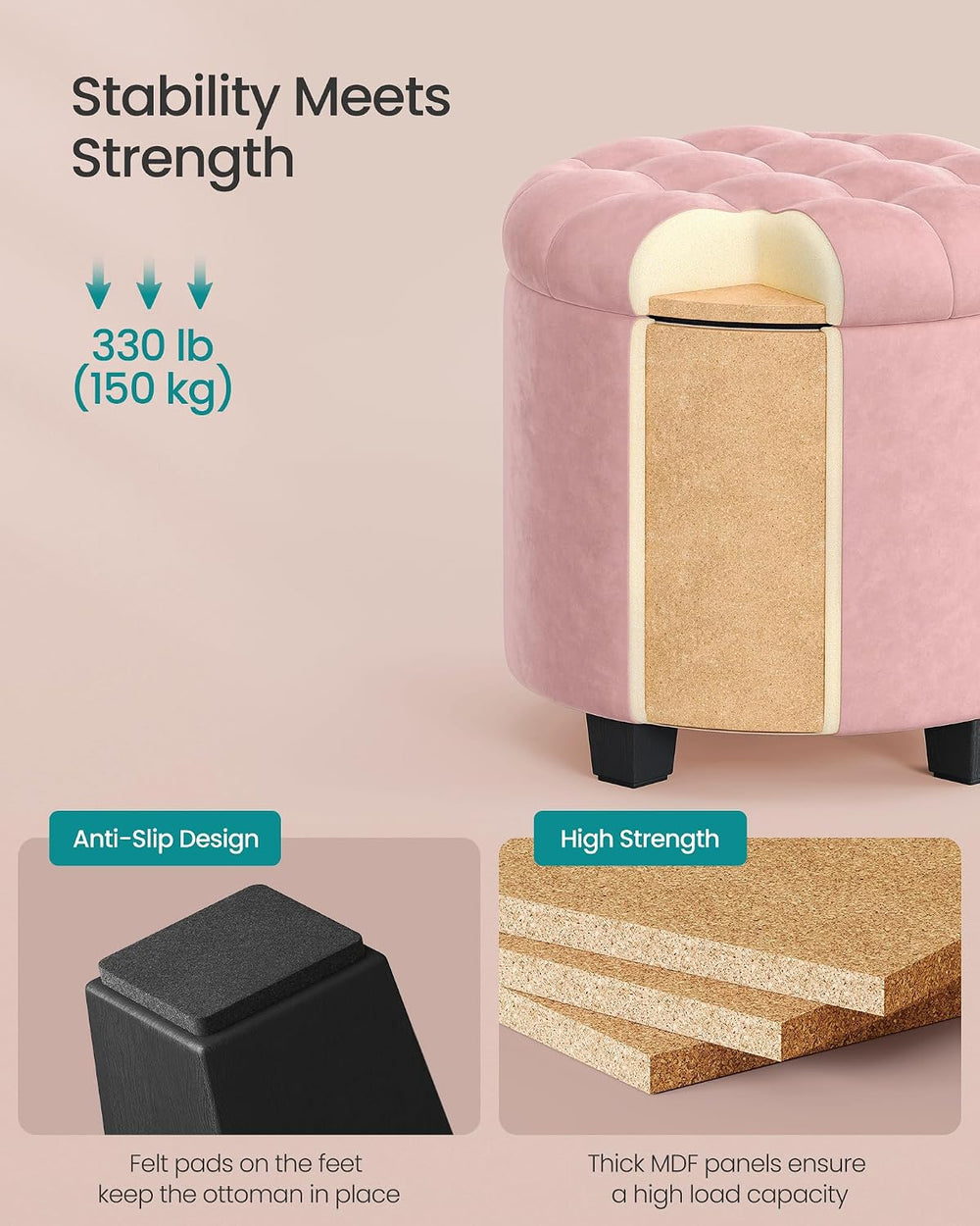 SONGMICS Vanity Stool, Round Ottoman with Storage, Velvet