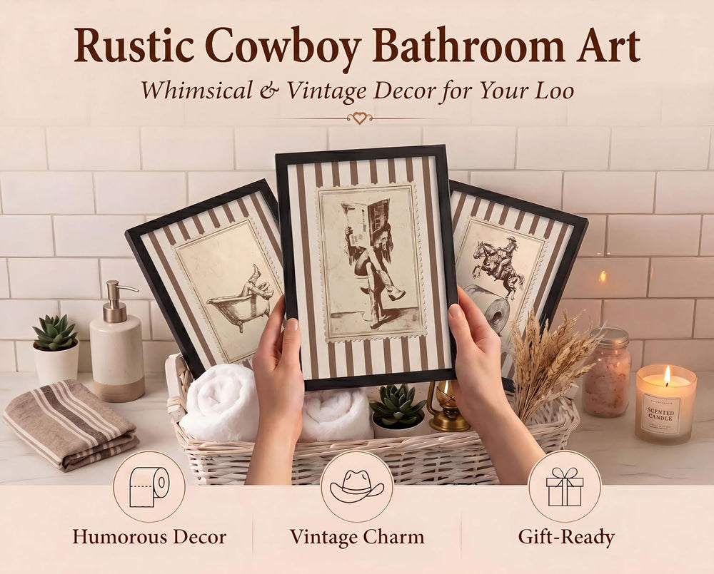 WWSGSG 3Pcs Funny Cowgirl Bathroom Canvas Wall Art Black Wood Framed12x16in