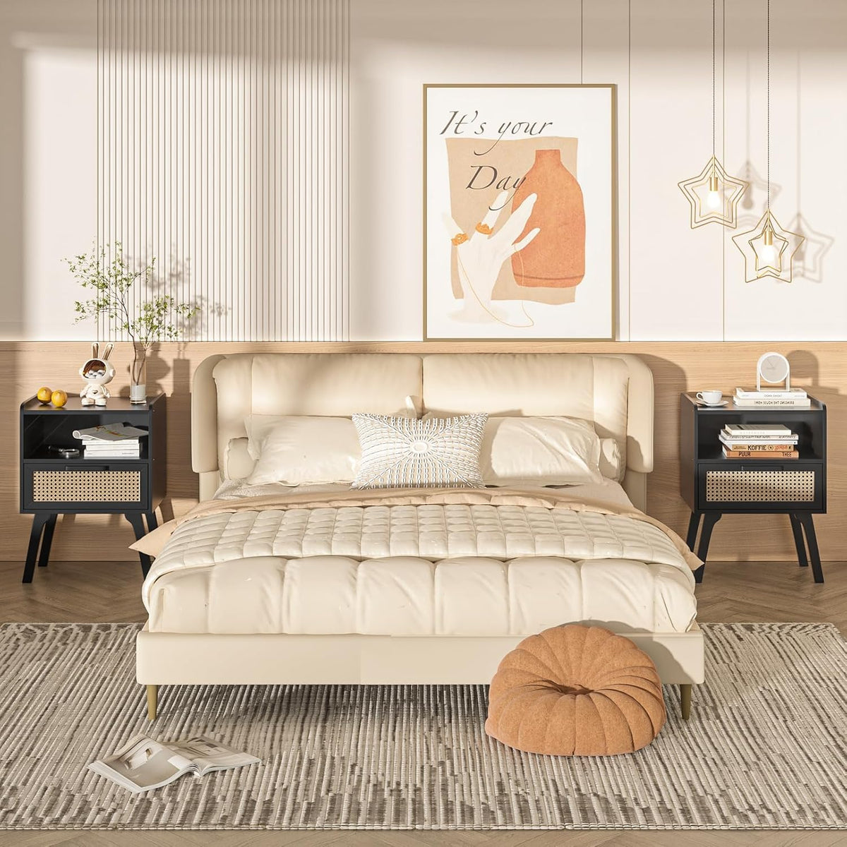 Lerliuo Rattan Nightstands Set of 2, Bedside Table with Drawer Open Shelf