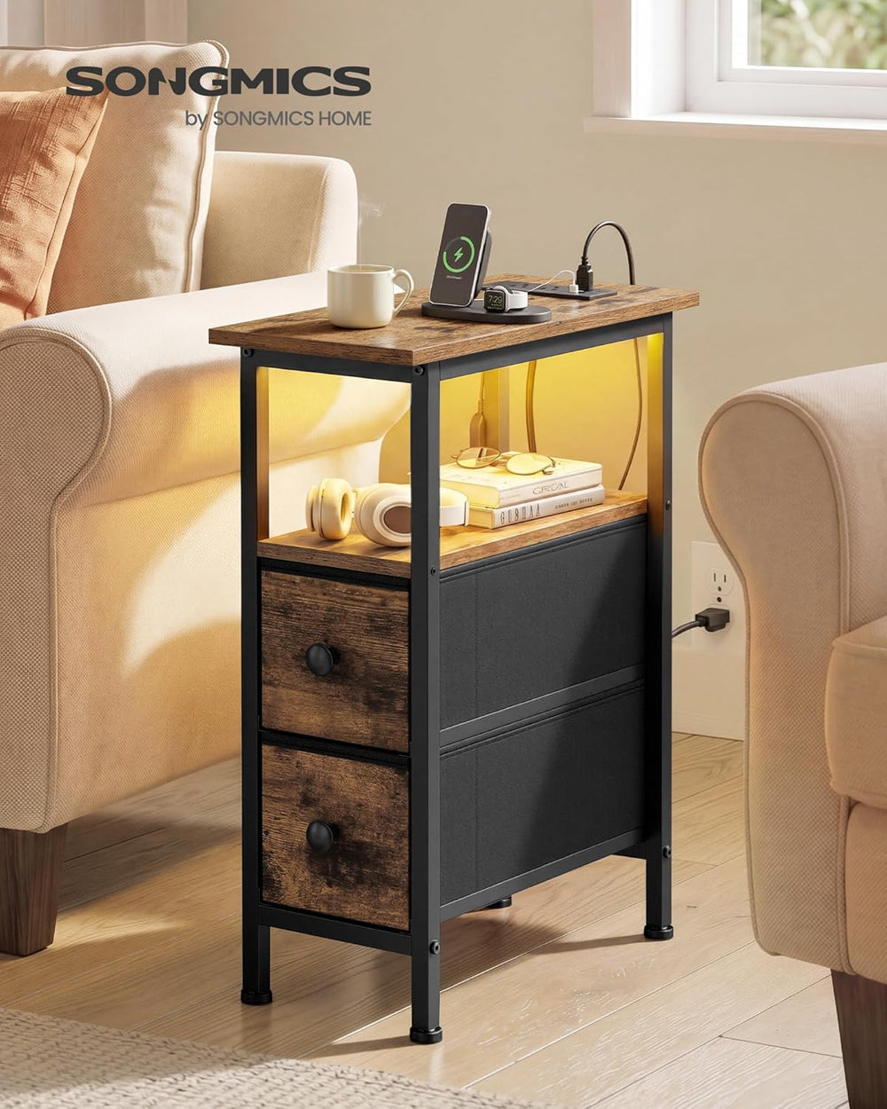SONGMICS Side Table with LED Light, Narrow End Table with 2 Fabric Drawers