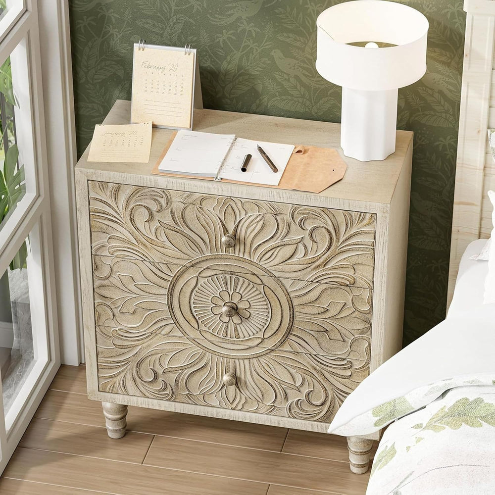 COZAYH 3-Drawer Bedroom Dresser with Carved Floral Front, Distressed Weathere...
