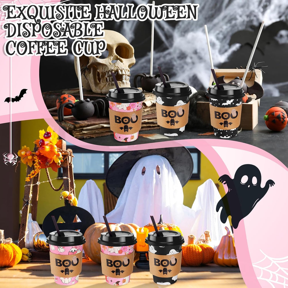 Lallisa 100 Sets 12 oz Halloween Disposable Coffee Cups with Lids and Sleeves...