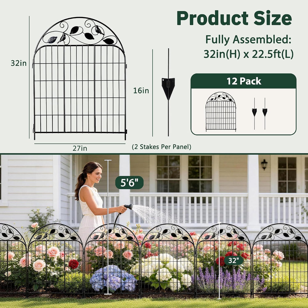Decorative Garden Fence, 32in H x 12ft L Arched Metal Animal Barrier Fence, R...
