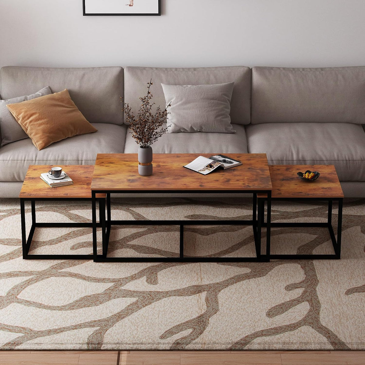 Nesting Coffee Tables,3 Piece Living Room Coffee Table,Industrial Rectangular Coffee Table Set,End Table Side Tables for Living Room Bedroom