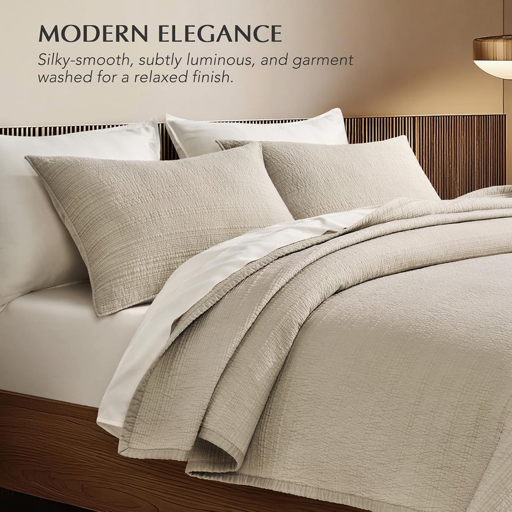 EVERGRACEHOME Cotton Sateen Channel Quilt Set, King Size, Parchment
