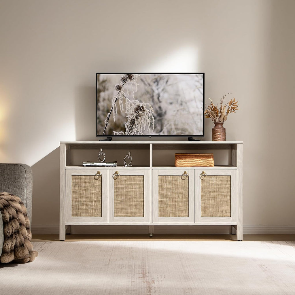 SICOTAS White Rattan TV Stand Entertainment Center Cabinet with 4 Doors