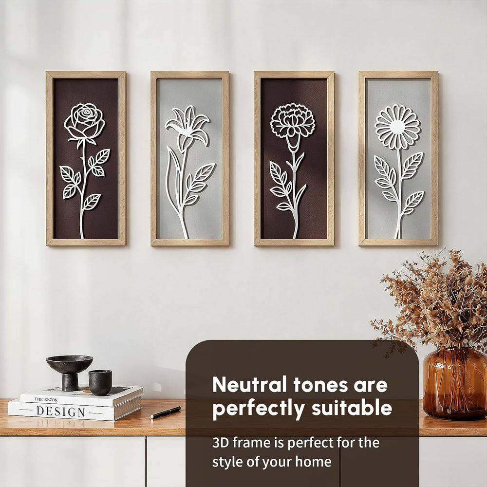 3D Wooden Floral Framed Wall Art Set of 4,16x7 Inch Boho Wall Decor