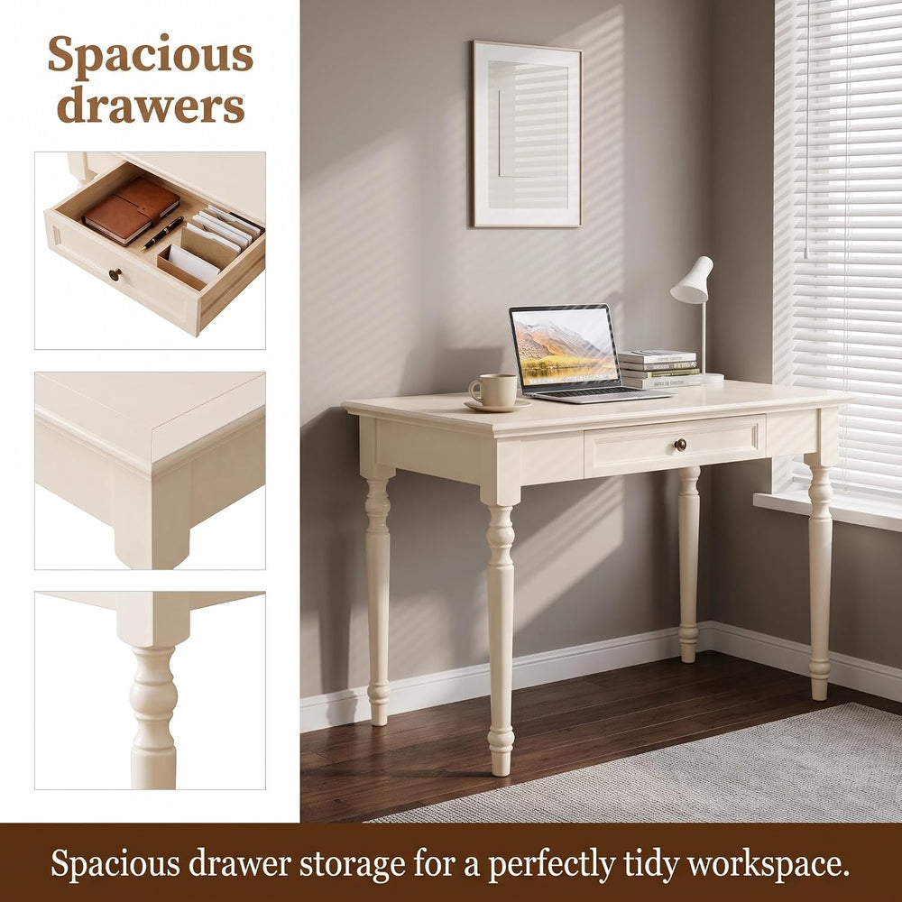 French Country Style Writing Desk with Drawers, White, 35"