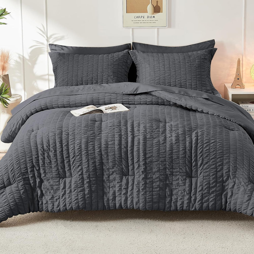 King Comforter Set - 7PCS Bed in a Bag, Seersucker Bedding Set, Dark Grey