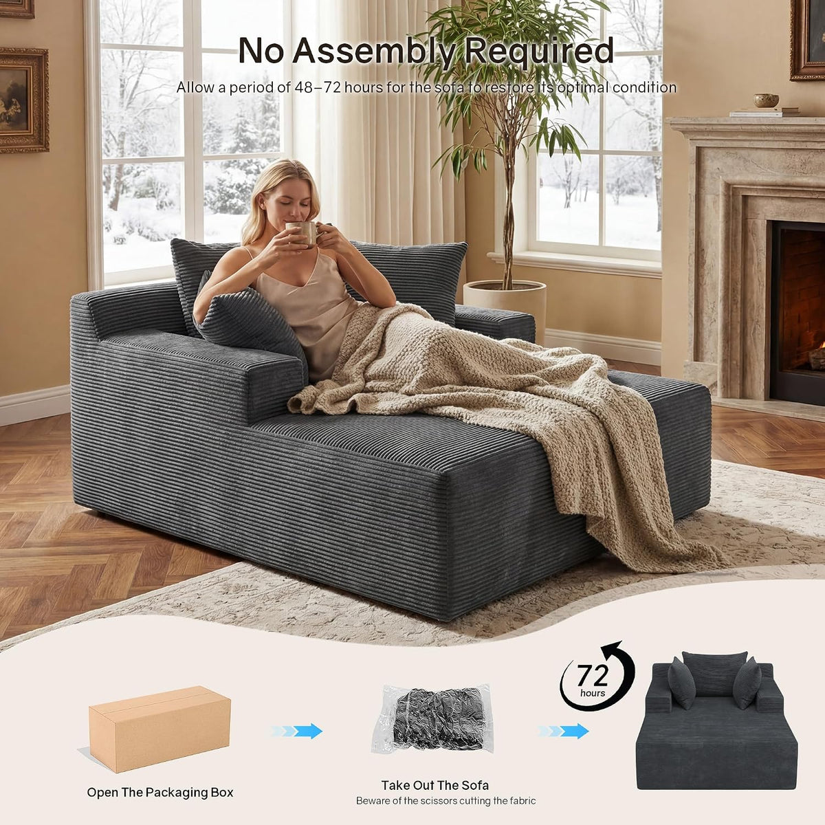 66" Chaise Lounge Chair Indoor, Oversized Lounge Chair with 3 Pillows, Cloud Reading Chair for Living Room Bedroom, Deep Seat Sleeper Couch, No Assembly Required