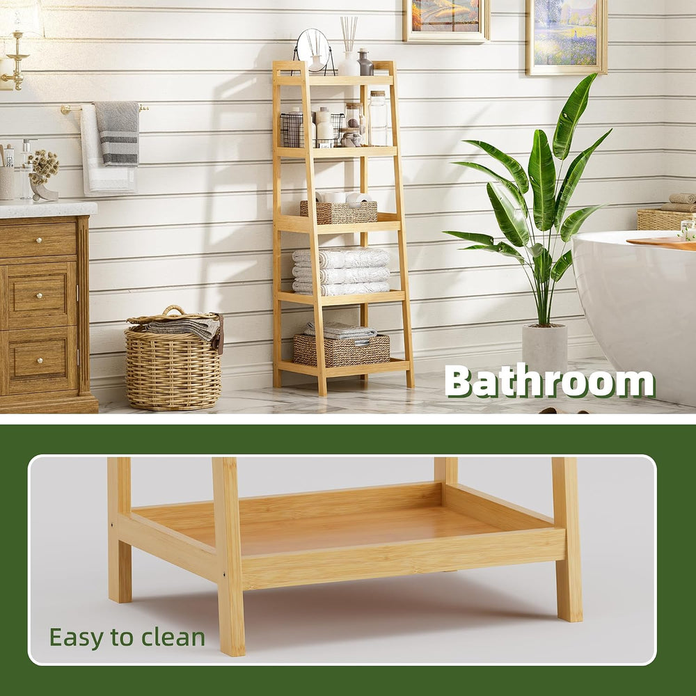 Bookshelf, 5 Tier Ladder Bookcase with Bamboo Frame, Freestanding Tall Narrow...