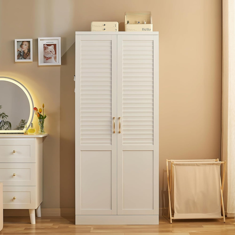 Metal Wardrobe Closet with Louvered Doors, Bedroom Storage Cabinet