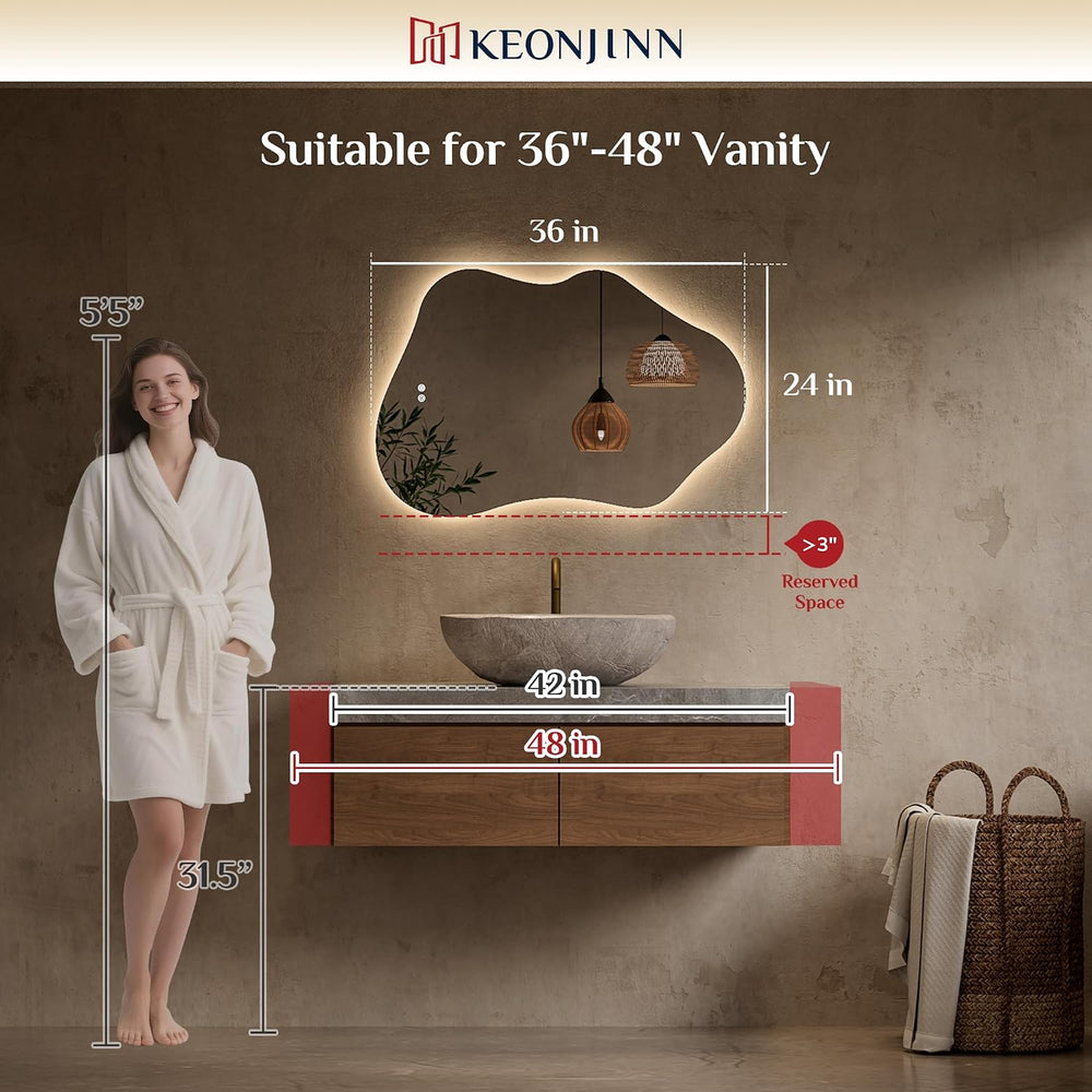Keonjinn 24" x 36" Asymmetrical Backlit Bathroom Mirror, HD Tempere...