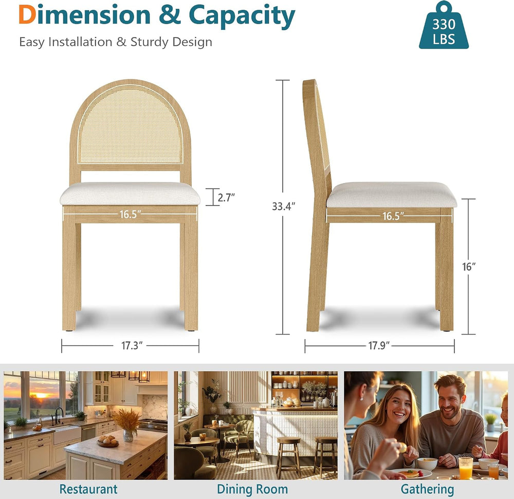 Upholstered Rattan Dining Chairs Set of 6, Farmhouse Wooden Kitchen Chair