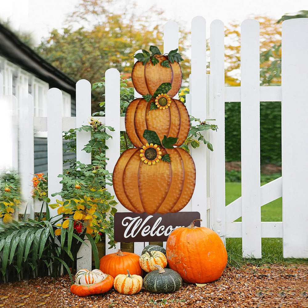 Metal Pumpkin Yard Stake Outdoor Fall Decor Stacked Pumpkin Welcome Sign