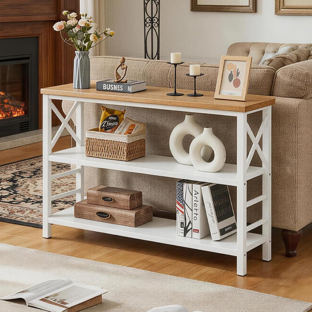 Hombazzar 3-Tier Sofa Table,Console Tables for Entryway,White & Brown 47" | Stable Support,Multi-functional use for home,Easy Assembly,Scratch Resistant & Rustproof