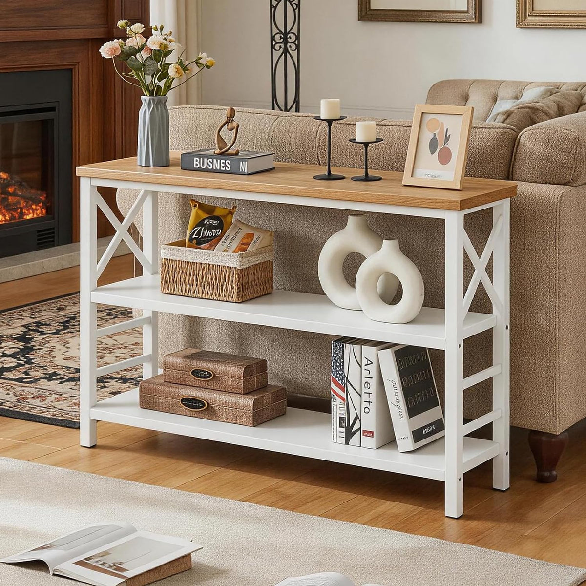 Hombazzar 3-Tier Sofa Table,Console Tables for Entryway,White & Brown 47" | Stable Support,Multi-functional use for home,Easy Assembly,Scratch Resistant & Rustproof