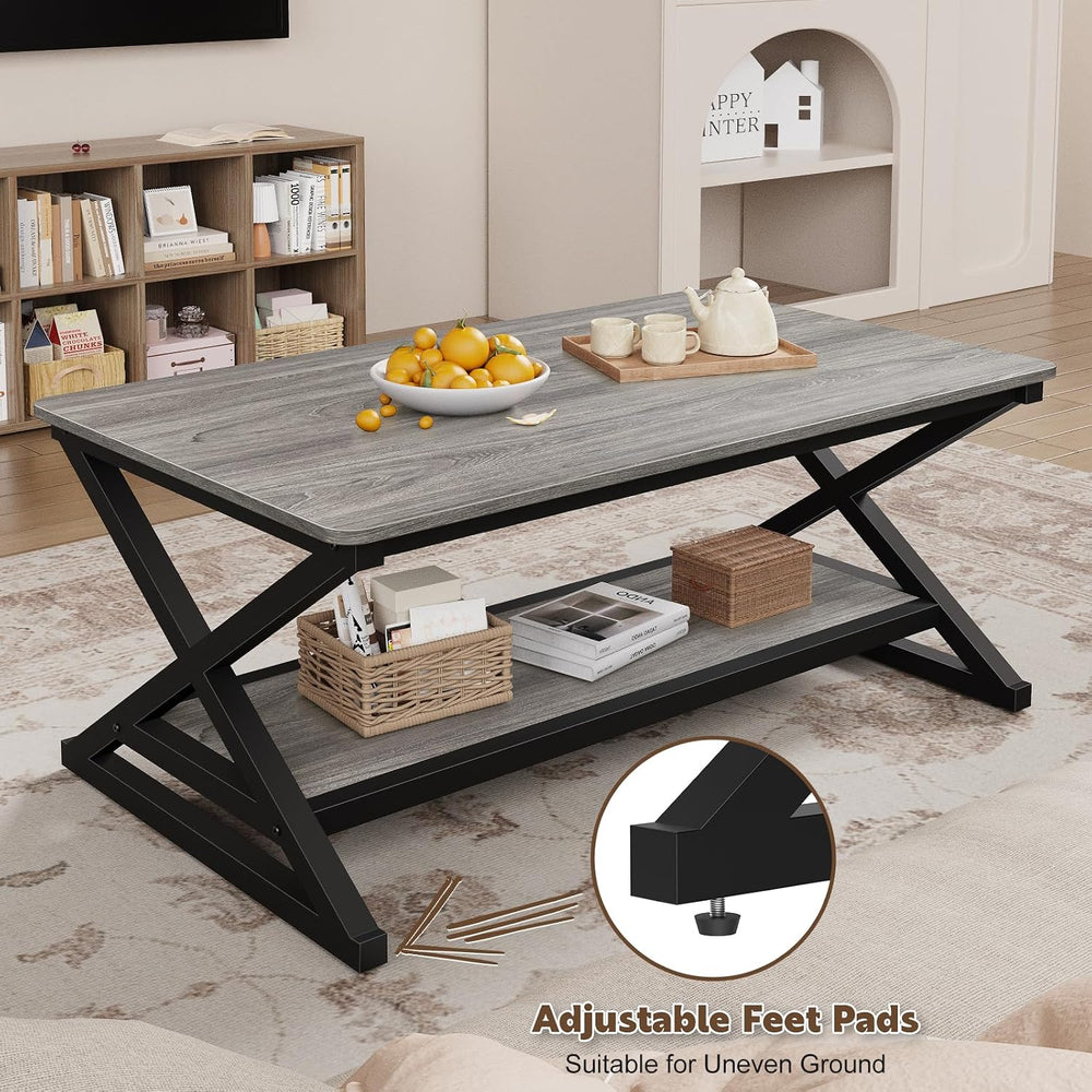 47" Coffee Table for Living Room, 2-Tier Rectangle, Grey Oak