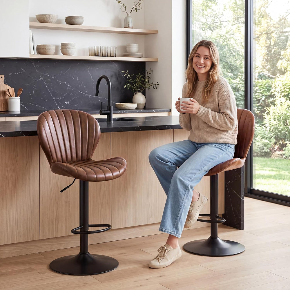 LIVELYGLOW Bar Stools Set of 2, PU Leather Chairs for Kitchen Red Brown